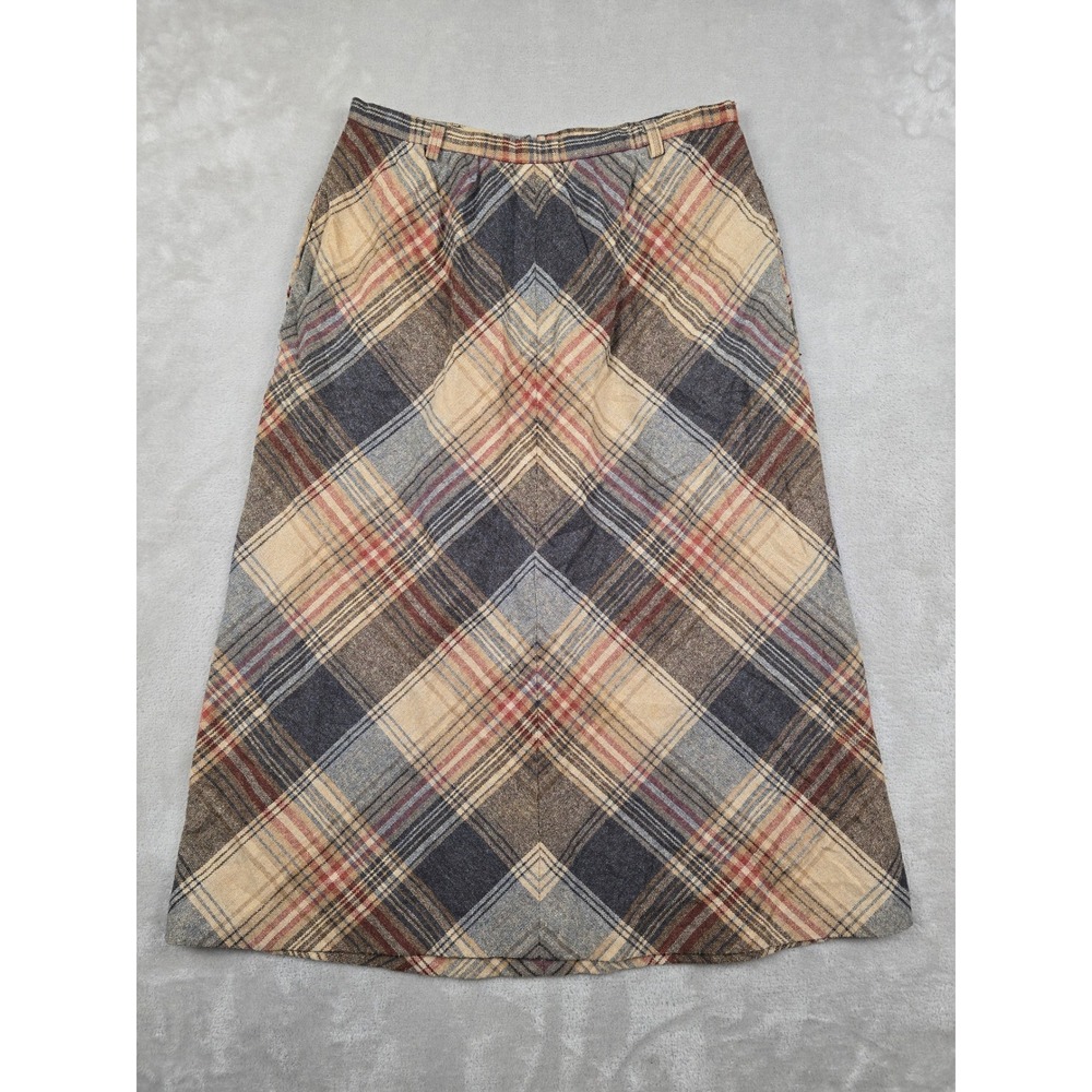 Vintage Century Boston Plaid Skirt Women Size 12 Brown Wool Blend Union Made USA